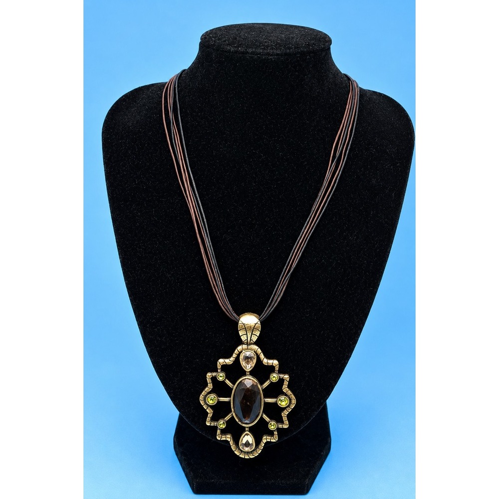 Lia Sophia "Bonsai" Necklace Brown Multi Strand Cord Crystals Antique Gold -457